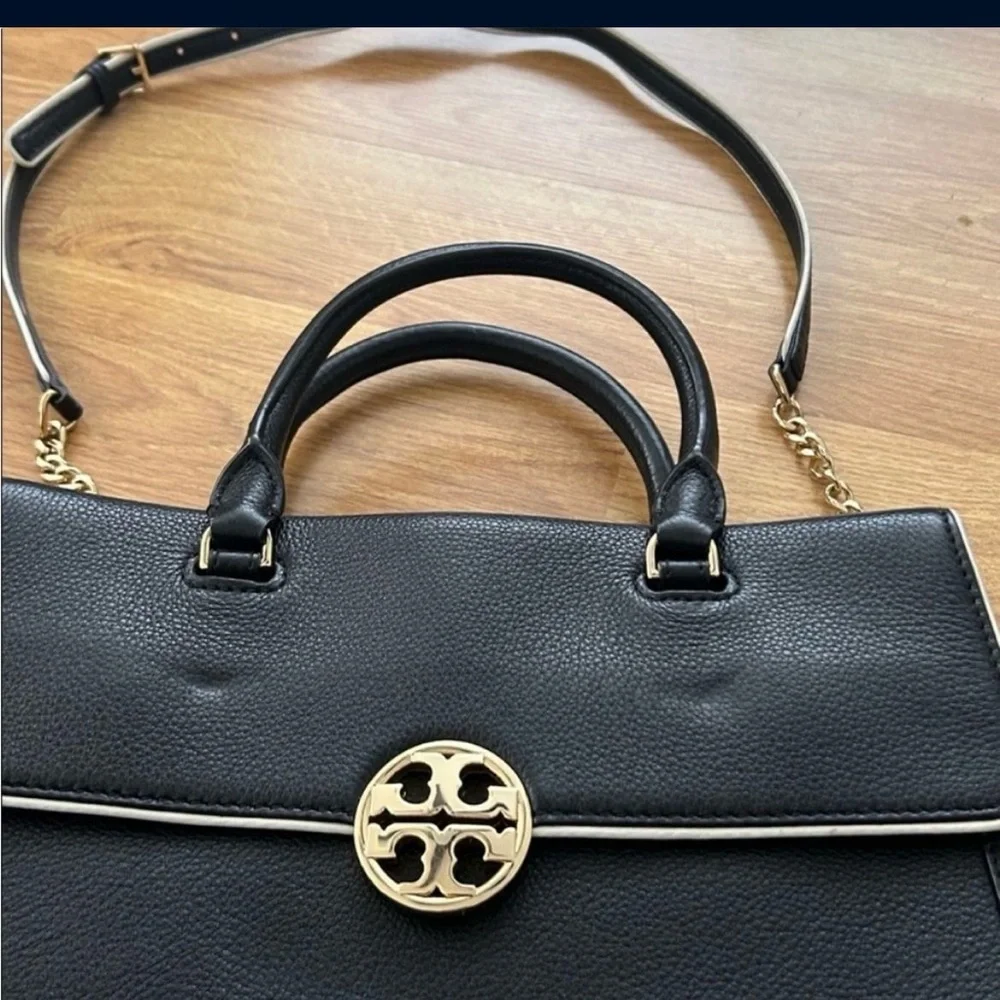 Tory Burch Black Leather Satchel with Gold Emblem